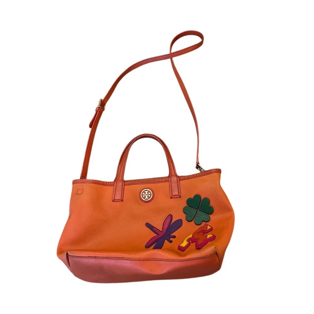 Tory Burch Womens Orange 2-Way Tote Satchel Bag Detachable Strap Appliqué